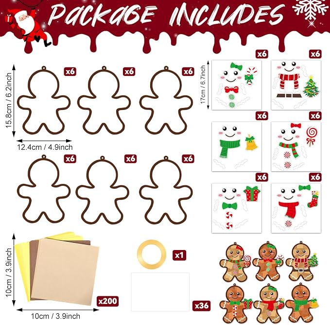 36 Set Christmas Gingerbread Suncatchers Craft Kit for Kids Christmas Tissue Paper Sun Catchers Bulk DIY Your Own Gingerbread Man Hanging Ornament for Xmas Holiday Party Home School Classroom Activity