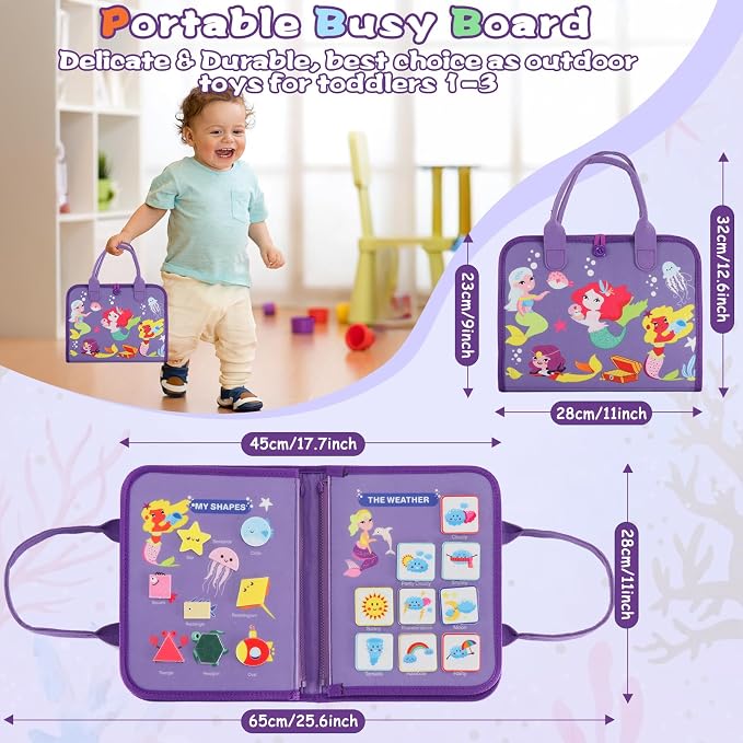 Montessori Busy Board for Toddlers 3-6, Soft Sensory Activity Book with Life Skills, Cognition, Sorting, Matching, Travel Toys for Airplane Car, Gift for Girls Boys 3+ Years Old (Mermaid)