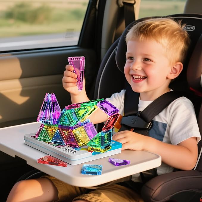 Travel Magnetic Tiles Set Kids: 40pcs Blocks Iron Box Carry,45s Storage | 30+ Mins Screen-Free Quiet Play, Strong Magnets Hold 6 Tiles, for Planes/Car/Restaurant, Ages 4-8