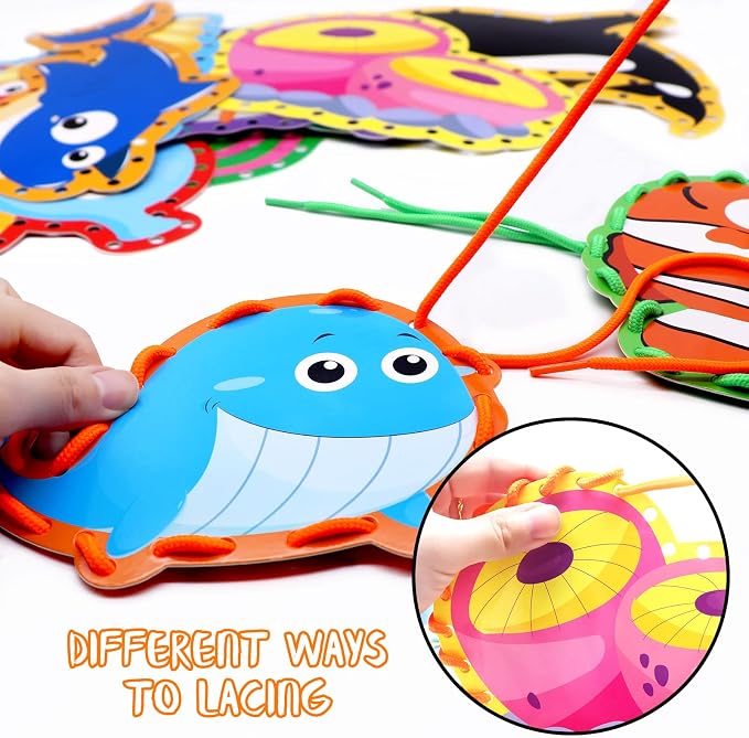 Sea Animals Lacing Cards Sewing Cards For Kids 12 Pack Shark Whale Ocean Theme Party Decor Double Sided Cardboard Lacing Playing Games for Preschool Home Developing Imagination Education Supplies