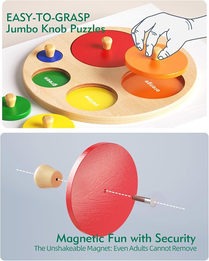 BOBY Montessori Wooden Shape & Size Puzzle for Toddlers 1-3, Large Easy-Grip Knobs, Color Sorting Learning Toy, Safe Thickened Wood Peg Puzzle for Baby Boys Girls (Multiple Circle Puzzles)