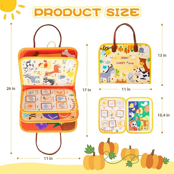 Jollybaby 8 Page Baby Soft Busy Books Sorting & Stacking Toys, Travel Toy & Montessori Sensory Educational, Preschool Learning Activities Toy for 1 2 3 Year Old Toddlers Boy Girl (Happy Farm