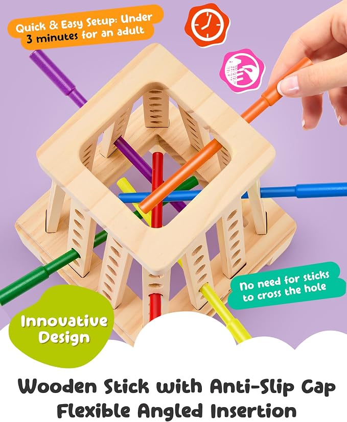 Montessori Wooden Board Game, 36 Colorful Sticks Board Games for Kids 4-6, Fine Motor Skills Toy Math Learning Montessori Toys for 3 4 5 6 Year Olds, Wooden Stick Game Family Games, Gift Boys Girls