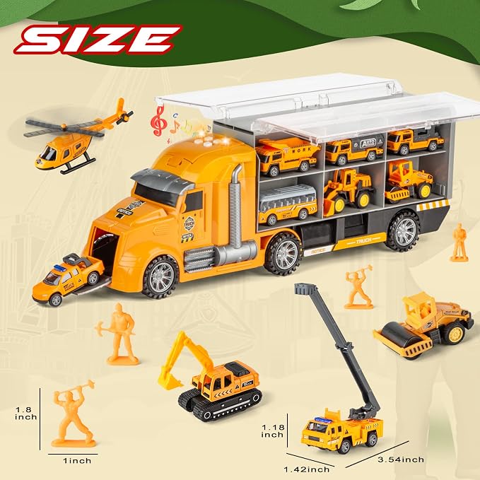 25 in 1 Die-cast Pull Back Construction Truck Vehicle Toys for 3-7Year Old Boy, Sounds and Lights in Large Carrier Truck, Age3+ Kids Child Boy Toy Cars Birthday Gifts