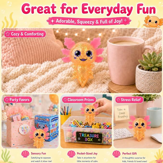 Axolotl Squishy Stress Ball, Soft TPR Slow Rising Squeeze Toy, Cute Axolotl Fidget Toy for Stress Relief, Anxiety Calming Sensory Toy for Kids Adults(Orange BigEars Axolotl)
