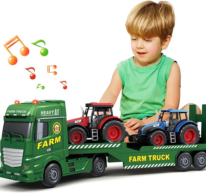 Bstoyder Toddler Boy Toys for 3 4 5 6 7 Years Kids, 25" Semi Flatbed Truck Toy with 2 Tractors, Friction Powered Vehicles Toys with Lights and Sounds, Birthday for Boy Girls