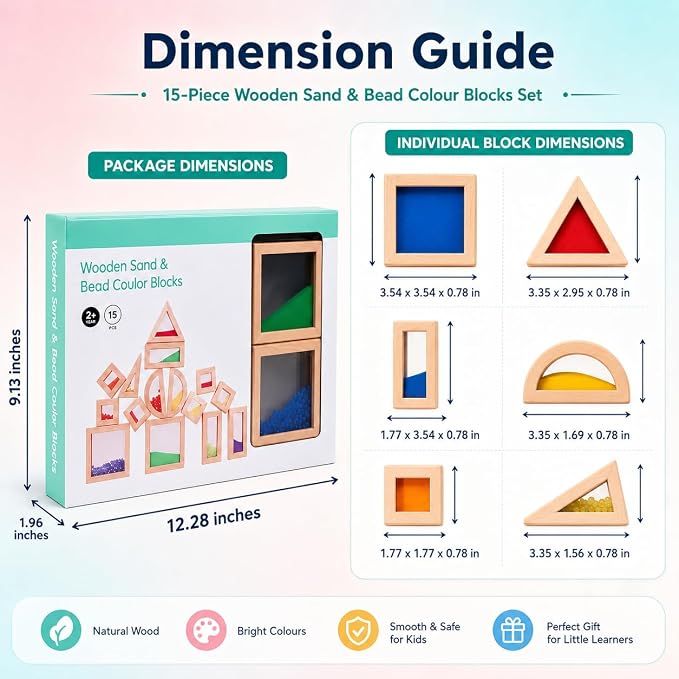 Rainbow Sensory Toys Blocks,15 Pcs Large Wooden Building Blocks for Toddlers Baby Kids,Colorful Geometric Stacking Toys, Preschool Educational Toy Set