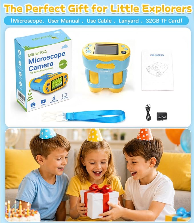 Handheld Digital Microscope for Kids, STEM Science Kits Ages 4-12 | 32G Card & Selfie Camera, 2.4" Screen 1000X Rechargeable Pocket Microscope, Edu Summer Birthday Gifts Toys for Boys & Girls