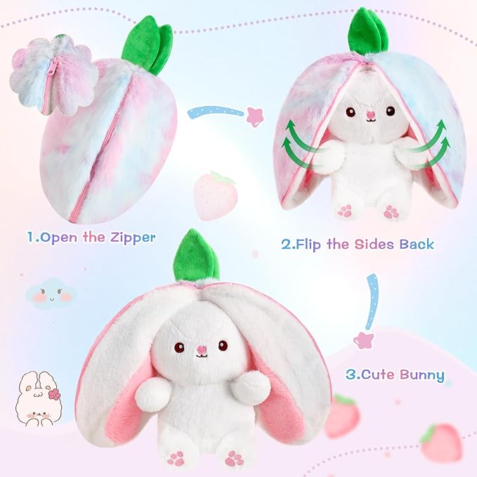 MIAODAM Reversible Strawberry Bunny Stuffed Animal, Cute Plush Rabbit Toy | Cute Funny Bunny Plushie Toy for Babies & Kids, Ideal Easter & Holiday Gift, 7 Inch