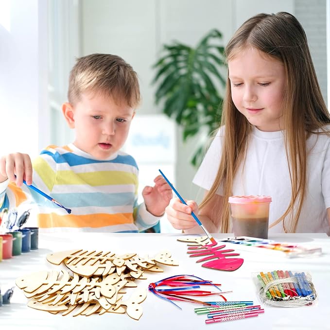 Fennoral 12 Pack Fish Bone Wind Chime Craft Kit for Kids | Make You Own Wooden Arts and Crafts Ornaments DIY Coloring for Classroom Art Activities Birthday Party Gifts
