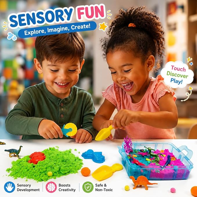 AGENTLAN Dino & Ocean Sensory Sensory Bin with Play Sand | Sensory toy set with dinosaur & ocean figures, supports fine motor skills, for toddlers ages 3+, stackable sandbox play