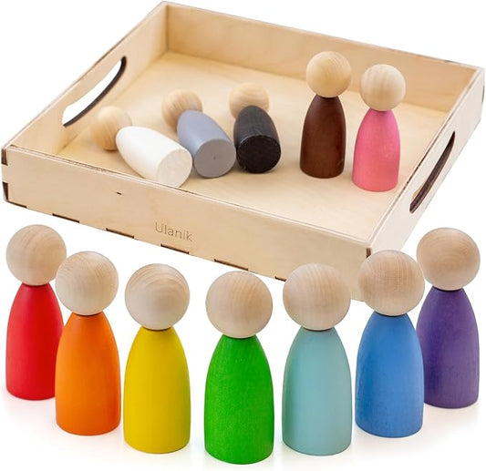 Ulanik Large Peg Dolls for Sorting Toddlers Montessori Toys for 1+ Year Old Baby Dolls Wooden Games for Learning Color Sorting & Counting — 12 Gnomes
