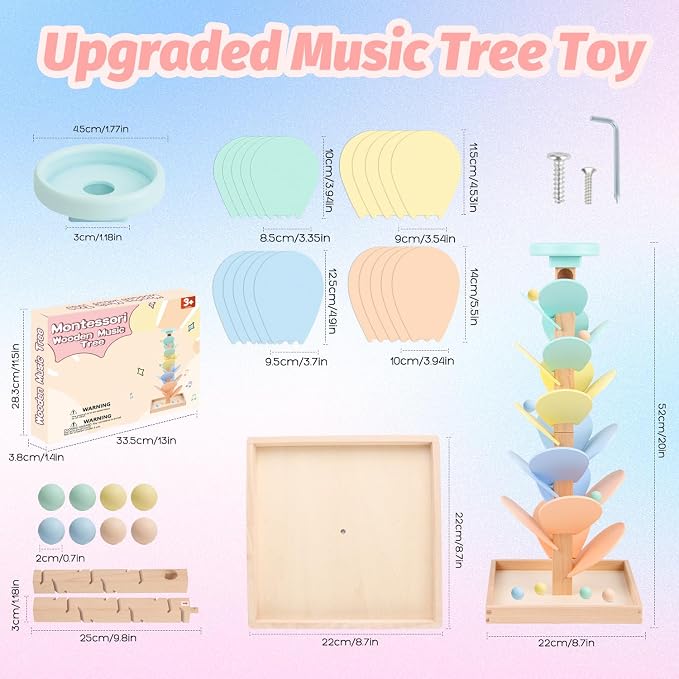 Wooden Marble Run Ball Drop Montessori Toy 4-8 Boys Girls (Height: 20.5") | Kids Wood Music Tree Marble Ball Run Game 3-5 8-12 Years Old Learning Color Sorting Sensory Toys Birthday Gift