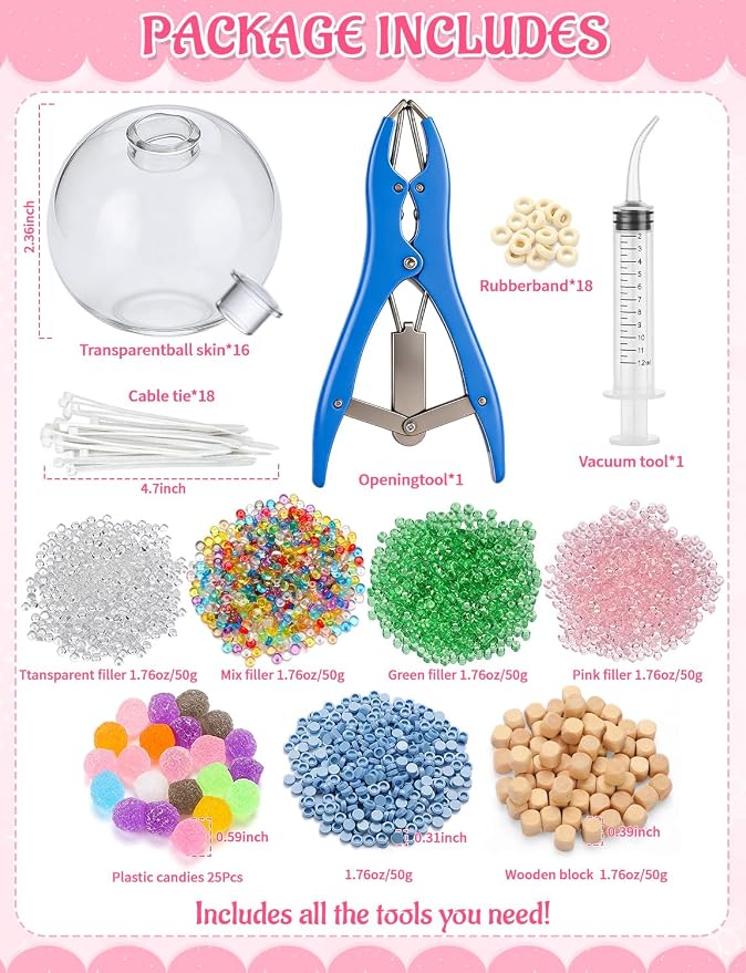 43 Pcs DIY Stress Ball Making Kit with Filler | 16 Transparent TPR Skins, 10.56 oz Fillers, Air Pump, Expander Tool, Cable Tie, Create Anxiety Relief Toys