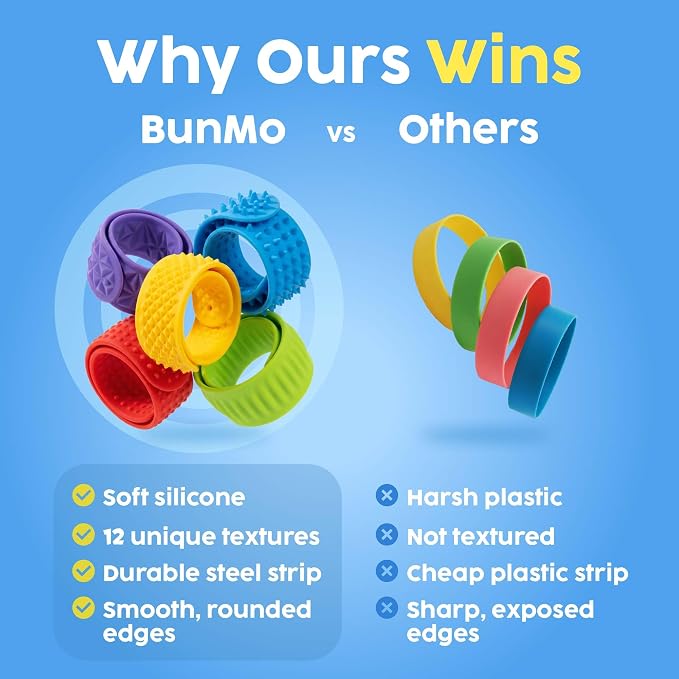 BUNMO Sensory Slap Bracelets for Toddlers 3+ – Stimulating & Addictive Textured Sensory Bracelet Fidget Toys for Boys & Girls, 6 Pack - Hours of Fun for Kids - Non-Mouthable Toy 3+