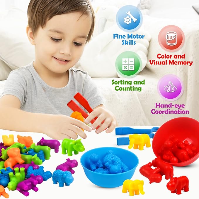 GKDOMS Counting Animals Toy Matching Game with Sorting Bowls Preschool Learning Activities Montessori Sensory Toy for Math Color Sorting, Party Favors Birthday Gifts for Toddlers