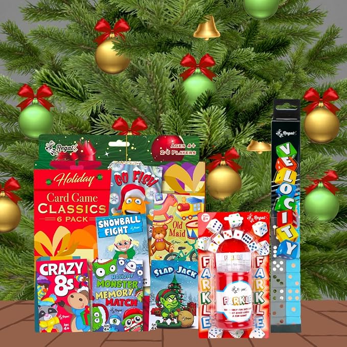 Regal Games Card Games for Kids - Go Fish, Crazy 8's, Old Maid, Slap Jack, Monster Memory Match, Snowball Fight - Holiday-Themed, Simple & Fun Classic Family Table Games - Games May Vary (6 Set)