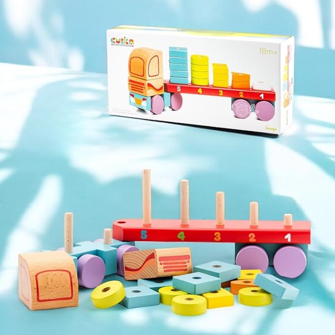 CUBIKA Wooden Geometric Shapes Truck– Montessori Toy for Toddlers Ages 3+– Shape Sorter and Stacking Truck Building Toy– FSC-Certified Wood, German Water-Based Paints, Travel-Friendly