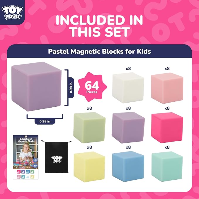 TOY Life Pastel Magnetic Blocks, 64-Piece STEM Set, Ages 3-8 | eight soft colors, smooth ABS cubes, open-ended construction, spatial play, birthday gift