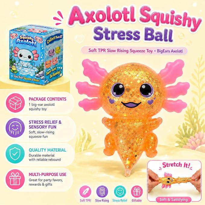 Axolotl Squishy Stress Ball, Soft TPR Slow Rising Squeeze Toy, Cute Axolotl Fidget Toy for Stress Relief, Anxiety Calming Sensory Toy for Kids Adults(Orange BigEars Axolotl)