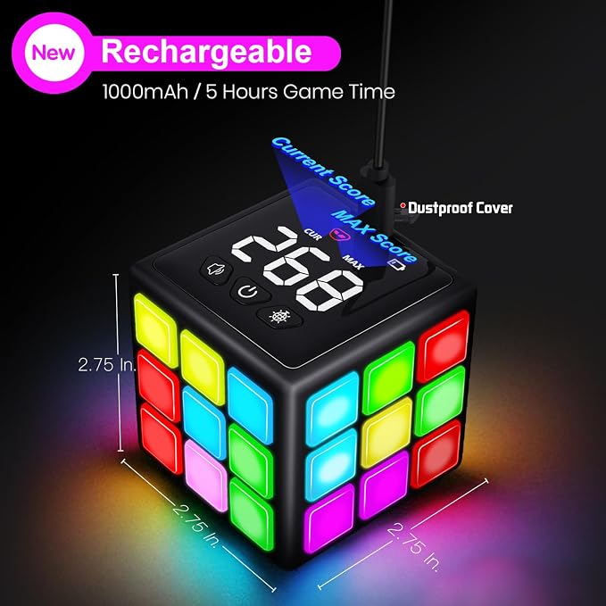 Xinbeiya Rechargeable Handheld Cube with Games, 15 Fun Brain & Memory Games | Christmas Easter Birthday Gifts for Boys and Girls Ages 6-12+ Years Old with Score Screen, Toy Gifts for Kids, Black