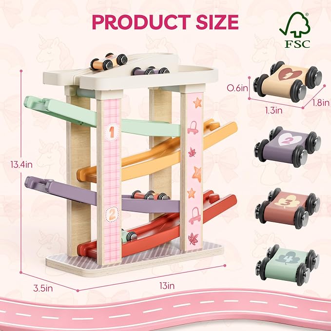 TOP BRIGHT Toddler Toys for 1 Year Old Girl Gifts, Wooden Car Ramp Toys | Includes 4 Cars & Garage, Wooden Ramp Develops Motor Skills, Montessori Learning Toy for Girls 1-3 Years
