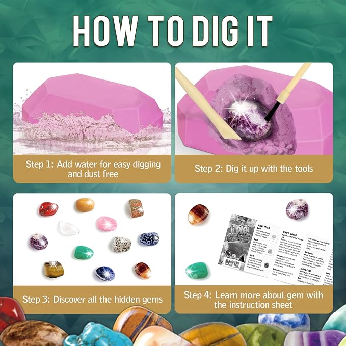 Gamerside Gem Dig Kit, 12 Real Gem Stone Crystals & Rocks, STEM Toys 6+ | Excavate Gemstones & Minerals, Complete Rock Digging Kit, Learning Guide Included, Great Birthday Gift for Young Scientists