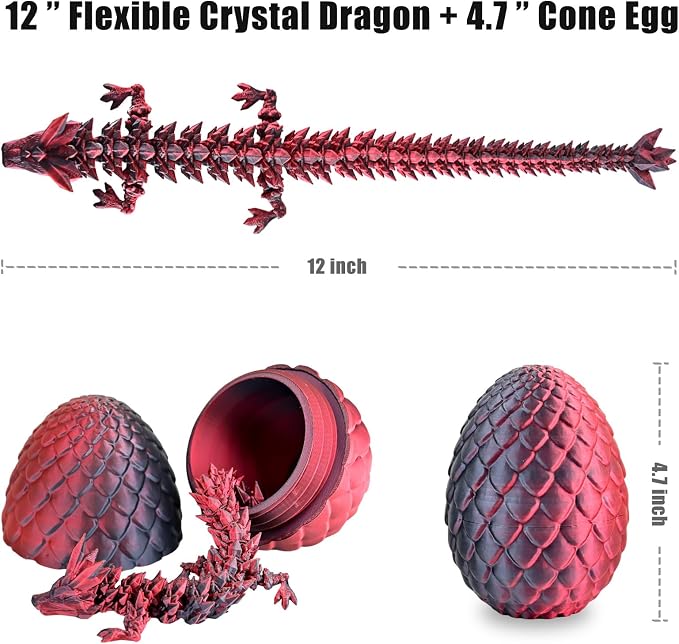 12" 3D Printed Dragon Eggs with Dragon, Articulated 3D Fidget Toys for Kids | Crystal 3D Dragon Toys for Boys Girls, Small 3d Printed Animals, Dino Dinosaur Eggs Toys, Easter Basket Stuffers（Black Red）