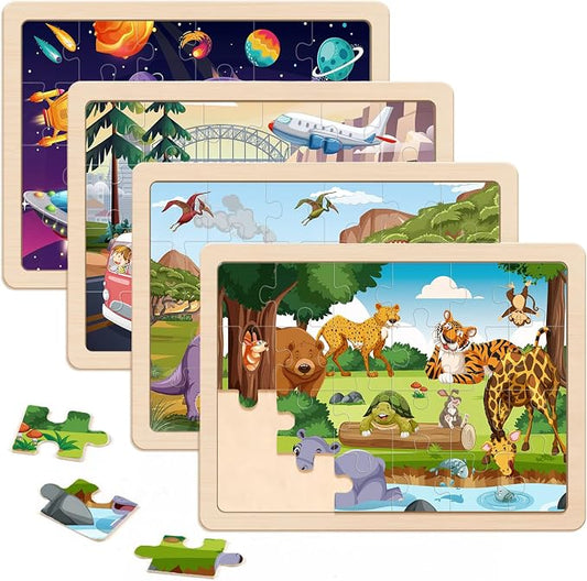 Puzzles for Kids Ages 4-6, 4 Packs 24 Piece Wooden Jigsaw Puzzle for Toddlers 3-5, Preschool Educational Toys Gifts for Boys and Girls