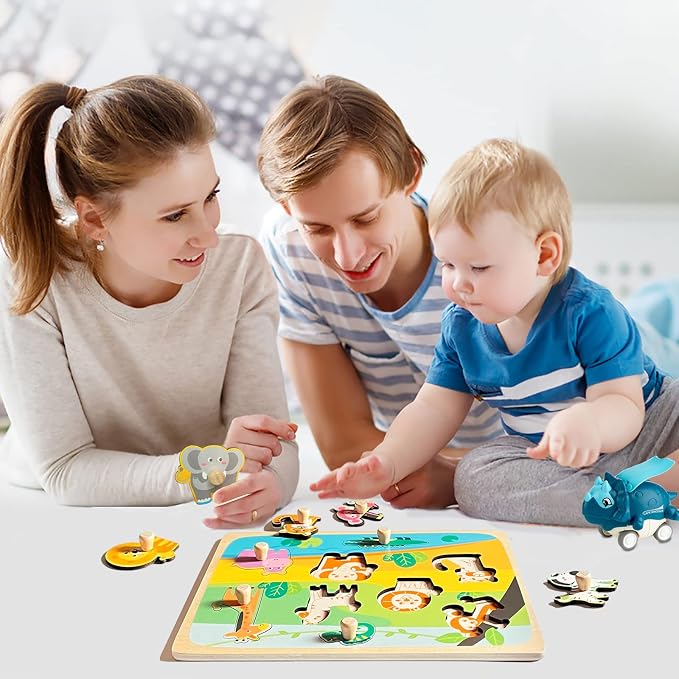 Wooden Peg Puzzles for Toddlers 1-3 - Montessori Educational Learning Puzzle Toys for Baby Gifts