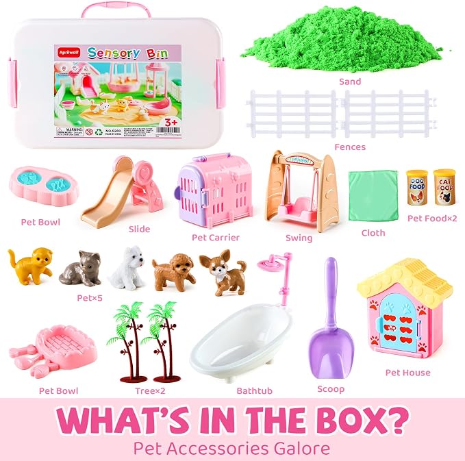 Aprilwolf 21 PCS Pet Sensory Bin, Dog & Cat Sandbox with Sand & Box | Play Sand Art Toys Kit, Pet Care Play Set, Beach Toys for Kids Ages 4-8, Birthday Gift Girls Boys 3 4 5 6 7 Years Old