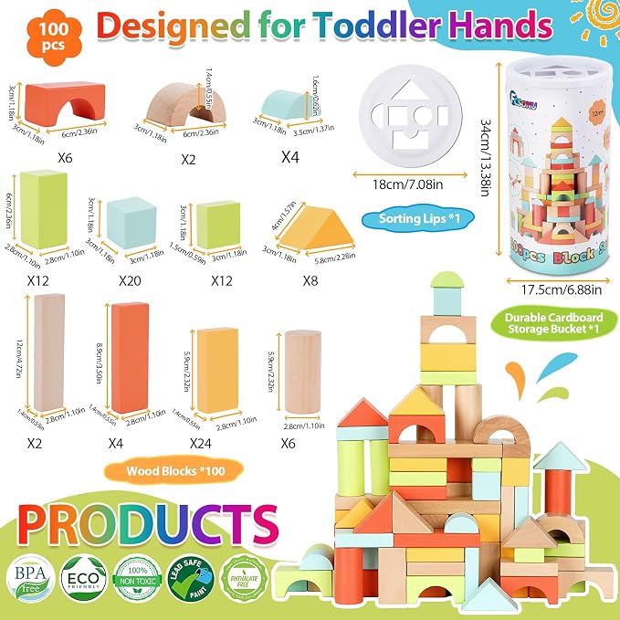 FCSONU Wooden Building Blocks for Toddlers 1-3, 100Pcs Kids Wood Blocks Set | Wooden Blocks for Toddlers 3-5, Montessori Building Toys&Stacking Toys, Easter Christmas 1st Birthday Gifts for Boy Girl Baby