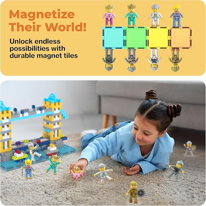 Picasso Toys Magnetic Action Figures Medieval King and Knights Character for Building Blocks Tiles Construction Toddler Toy Set Magnets Expansion Pack Educational STEM Pretend Playset PTA13