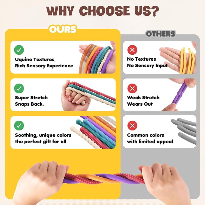 Fidget Sensory Autism Toys Kids - Textured Stretchy Strings for Adults ADHD Children Stress, Flexible & Durable Quiet Fidgets for Classroom Office,Travel Toys, Gifts for Boys Girls Teens