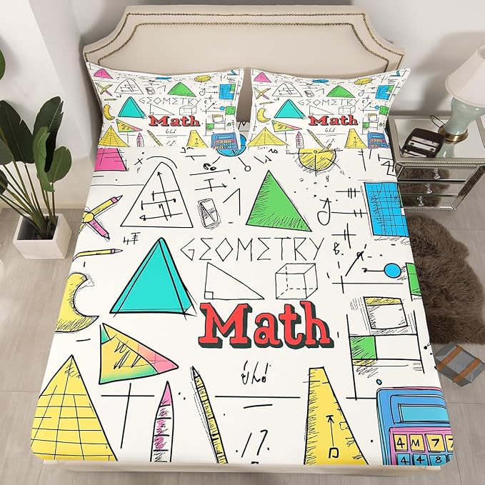 Math Bedding Sets Math Equations Geometric Axis Art Bed Sheets for Kids Toddler,Compasses Calculator School Supplies Fitted Sheet Queen,Mathematics Formula School Educational Dorm Room Decor