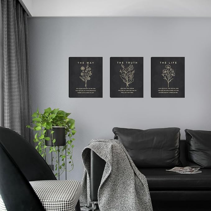 HOURIA Framed Boho Floral Christian Bible Verse Canvas Wall Art Set,12”*16”Inch The Way The Truth The Life Scriptures Poster Black Minimalist Botanical Flower Bible Wall Decor for Living Room Bedroom
