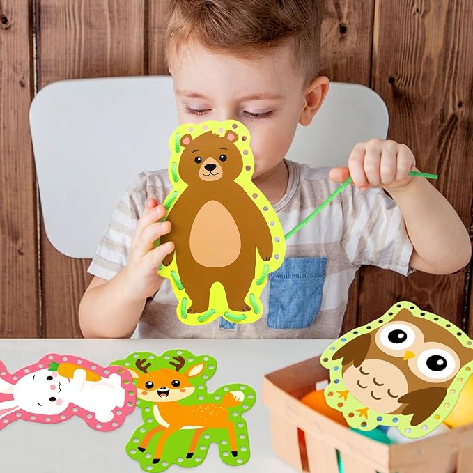 Omlisca Woodland Animals Lacing Cards for Kids 12 Pack Forest Animals Sewing Cards Owl Fox Bear Woodland Theme Party Decor Arts and Crafts Gifts for Toddler Preschool Developing Imagination Supplies