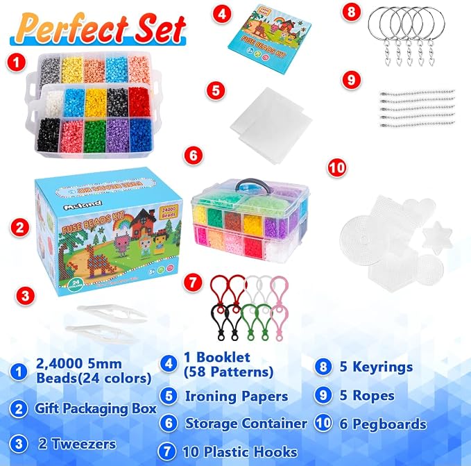 Meland Fuse Beads Kit, 5MM 24000 Beads in 24 Colors,Craft Gift for Age 5-12 | Includes 6 pegboards and craft accessories for colorful patterns, keychains and screen-free creative projects
