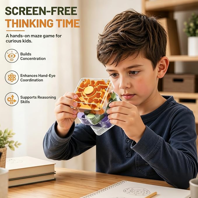 4 Layer 2 in 1 3D Rolling Ball Maze Cube, Kids Fidget Spinning Toys | Fidget Toy and Stress Toy, 3D Brain Teaser Puzzle Game Portable Activity Toy Birthday Gifts for Kids Ages 3-7+ Boys Girls
