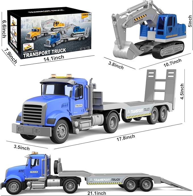 DOWELLIN Transports Trucks Kids Toys, 22" Large Semi Truck Toy Carrier and Excavator Truck with Sound&Light,Friction Powered Cars Toys Vehicle Birthday for Boys Girls 3 4 5 6 7 8+