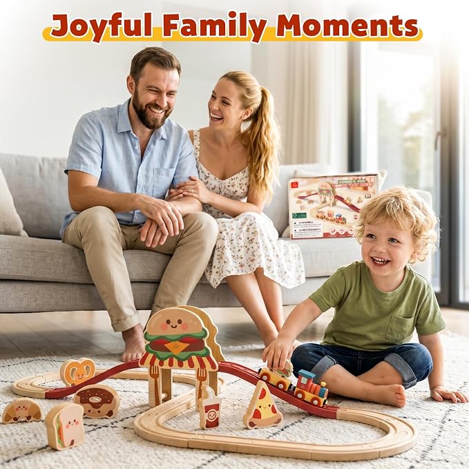 Lehoo Castle Wooden Train Set for Toddlers, Burger-Themed Train Track Set | Expandable Wooden Railway Playset, Compatible with Most Wooden Tracks, Birthday Gift for Boys & Girls Ages 3+