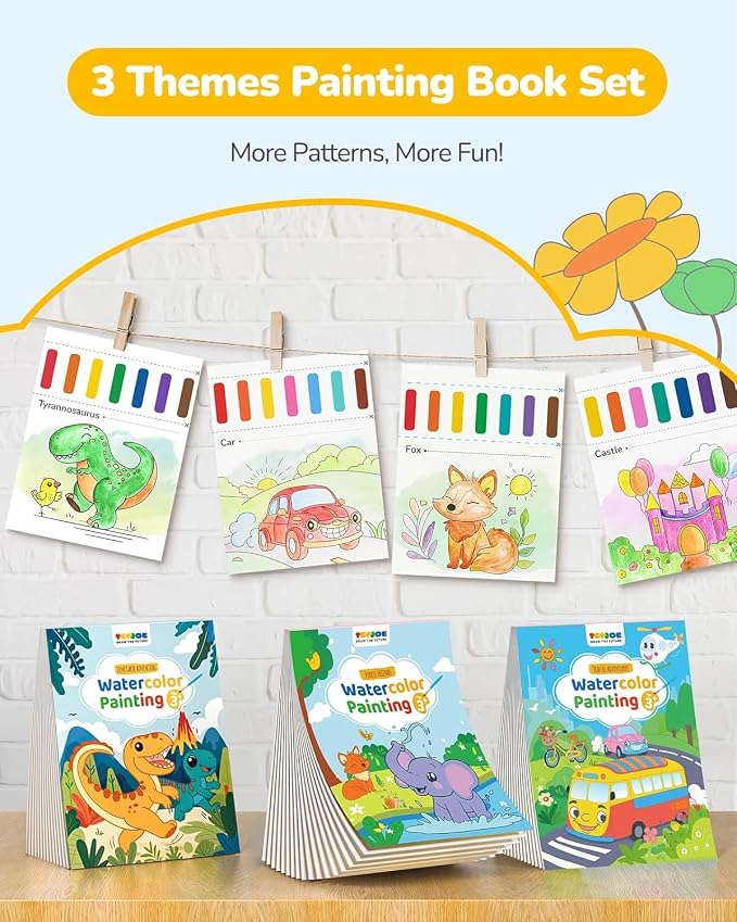TECJOE 3 Pack Paint with Water Coloring Books for Toddlers, Mess Free Watercolor Painting Set with 6 Brushes, Travel Art Craft Toys Birthday Gifts for Kids Ages 3-8, Traffic, Forest & Dinosaur | Thick Watercolor Paper With 6 Brushes, Mess Free Travel A...