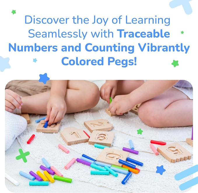Peg Board for Toddlers - Wooden Counting Peg Board and Number Tracing Set, Montessori Math Toy for Preschoolers and Kindergarten (55 Pegs, 10 Boards, 1 Pencil)