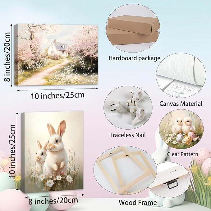 HOURIA 6Pcs Framed Spring Canvas Wall Art(8”x10”), Eggs Bunny Chicks Easter Wall Decor, Vintage Spring Tulip Floral Wildflowers Cottage Landscape Art Prints for Farmhouse Living Room Bedroom Nursery