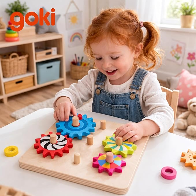 Goki Wooden Spinning Gears 8-Piece Montessori Educational Toys for 3 Year Old STEM Cause & Effect Building Set for Fine Motor Skills & Logical Thinking I Sensory Toys for Toddlers I Gifts for 3+