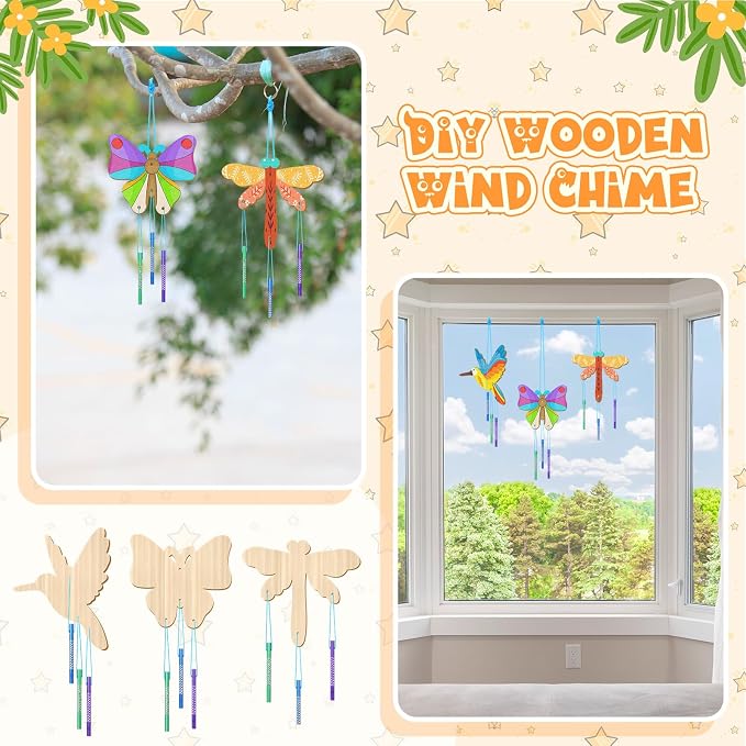 Leinuosen 30 Pcs Wind Chime Kit Make Your Own Hummingbird Crafts for Kids | DIY Hummingbird Windchimes Crafts Decorative Coloring Wooden Crafts for Spring Summer Party Art Activities Home Patio Decor