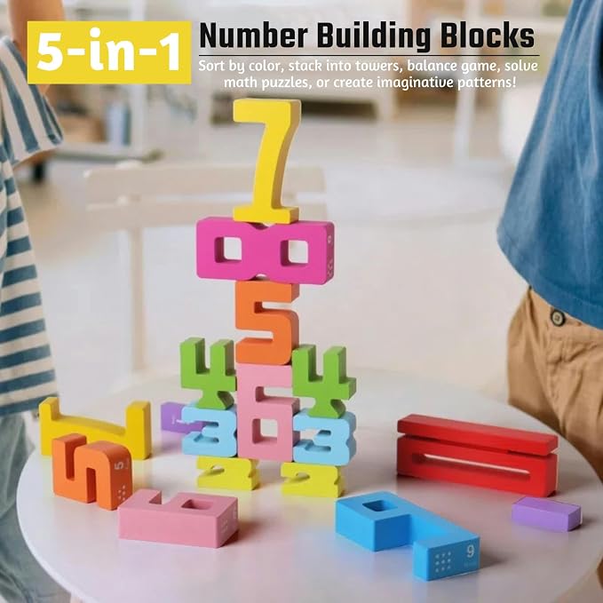 Gdaytao 20PCS Wooden Number Building Blocks 1-10 - Montessori Math Stacking Number Blocks Toys with Counting Games, Bright Digital Building Blocks Friends of 10, STEM Learning Toys for Kids Ages 3-8