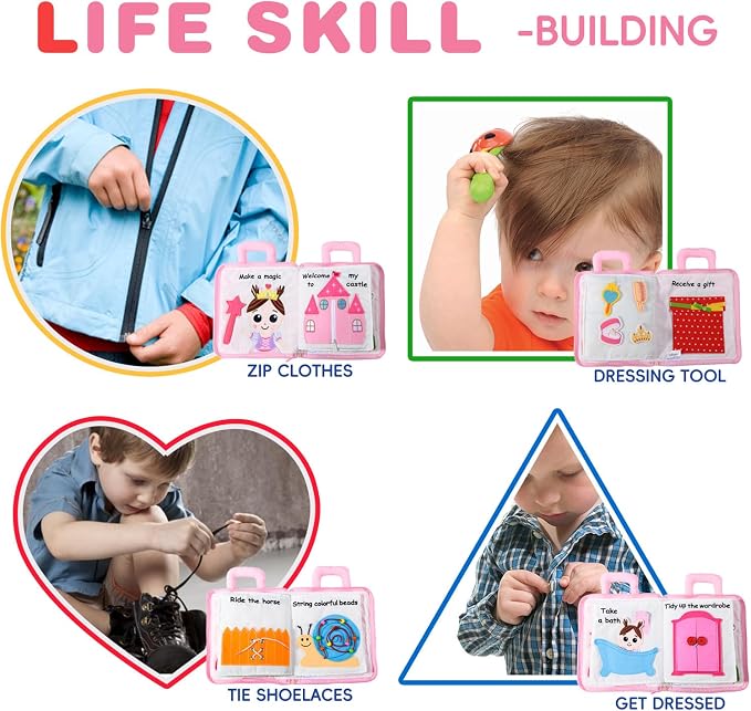 Jollybaby Baby Soft Busy Books - Princess Castle, Travel Toy & Montessori Sensory Educational, 10 Preschool Learning Activities for 2 3 4 Year Old Toddlers Boy Girl(Pink)