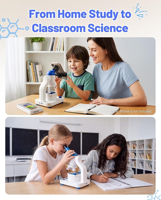 TOMLOV DM301K Microscope for Kids, 640X Educational Science Kit, STEM Toy | 12 Prepared Slides, Easy Focus, Beginner-Friendly, Dual LED Lights, Rechargeable Battery, Phone Adapter, Ages 6-12