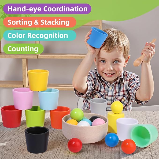 Rainbow Balls in Cups Toddler Montessori Toys (12 Balls, 1.4 in) | Color Sorting Toys for Toddlers for 3 Year Old Up, Learning Color Sorting and Counting, Kids Preschool Wooden Matching Games